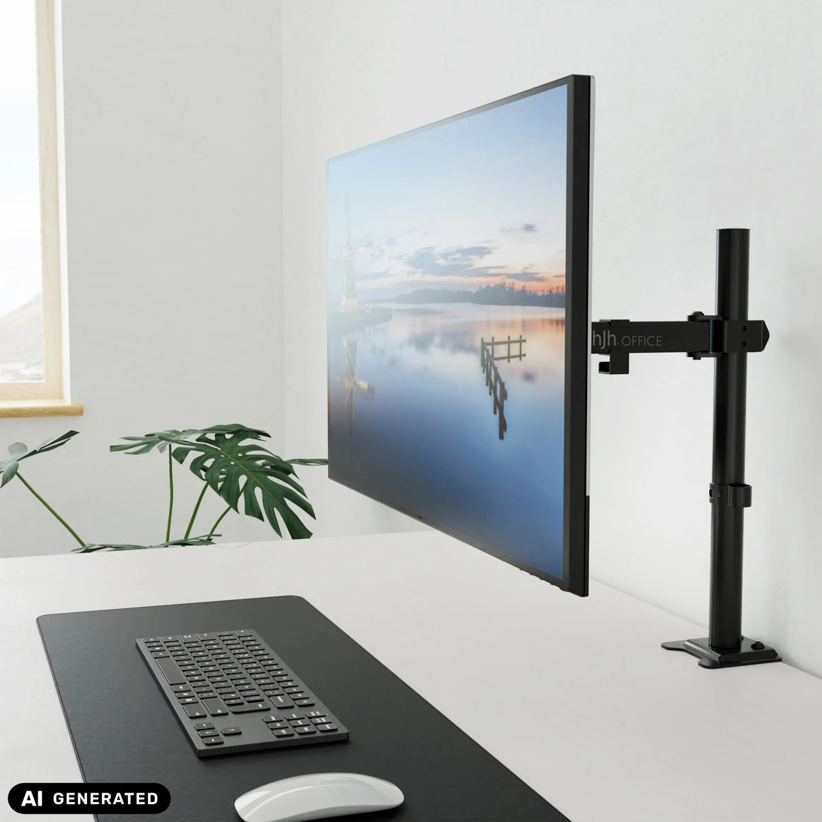 Black Ergomount M1 monitor mount with a screen attached to a desk by hjh OFFICE (AI-generated image)