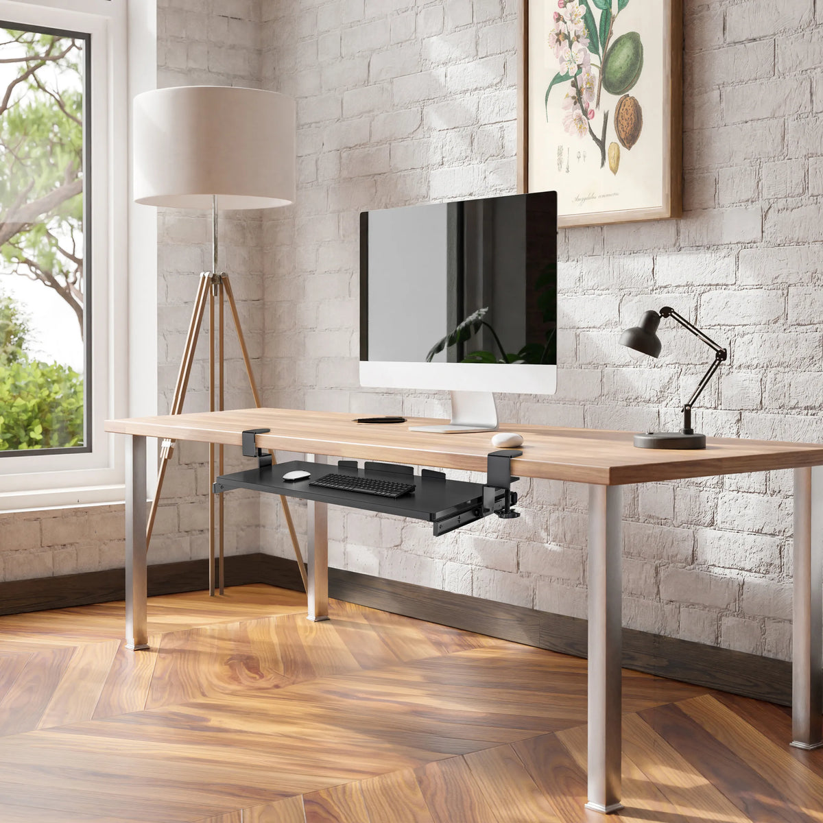 Black keyboard tray VM-KB under a wooden desk top by hjh OFFICE