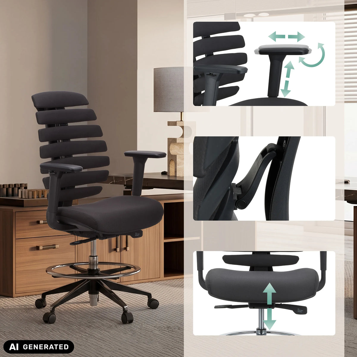 Adjustable armrests, backrest and seat height of the ERGO LINE II WORK counter chair in black by hjh OFFICE