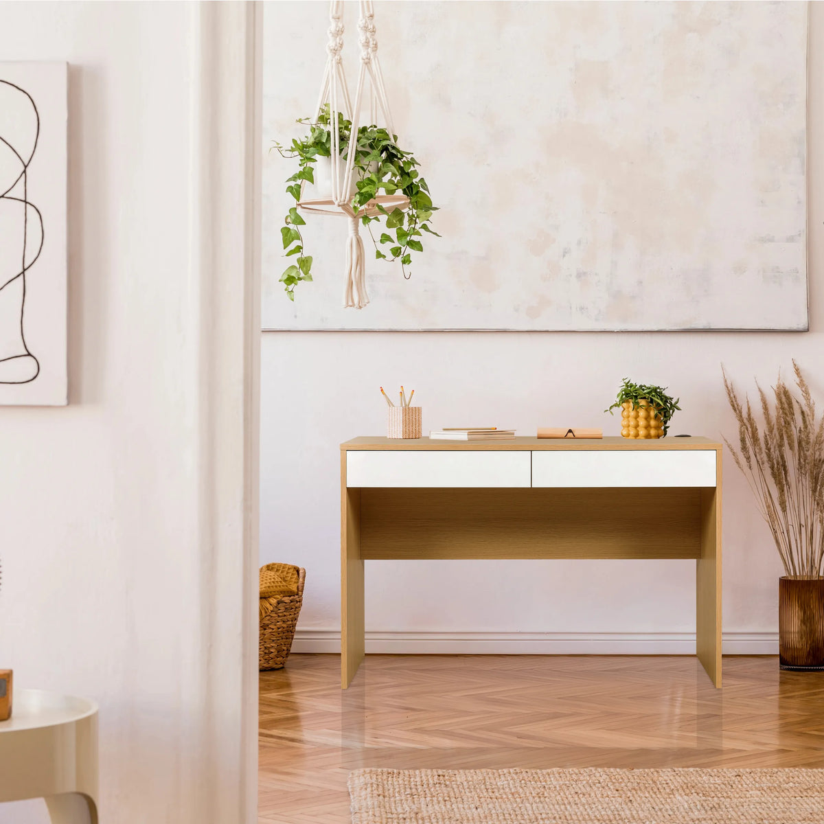 Office Desk BERGA in white and oak with two drawers by hjh LIVING