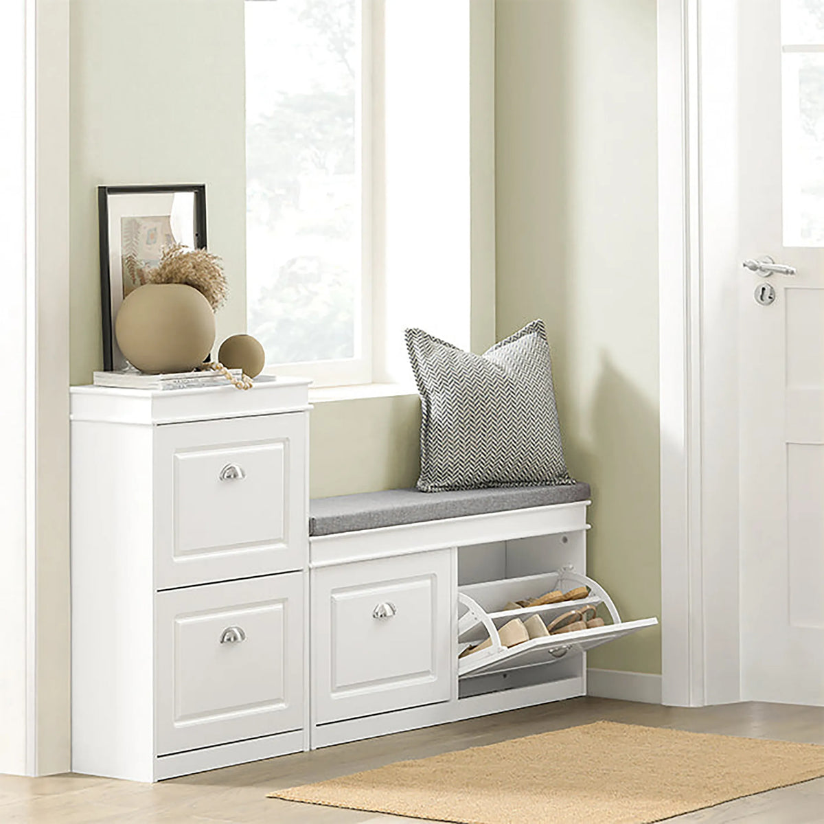 White Shoe Cabinet ESTHA 2 with seating area, two drawers and fold-out shoe compartment by hjh LIVING