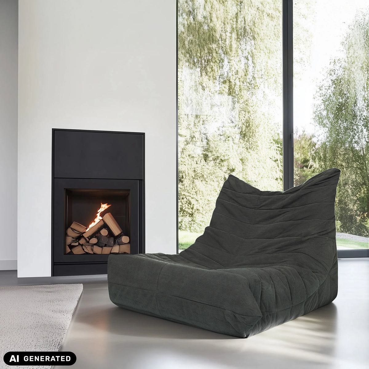 Grey corduroy Sitzolo lounge chair in front of a fireplace by hjh LIVING (AI-generated image)