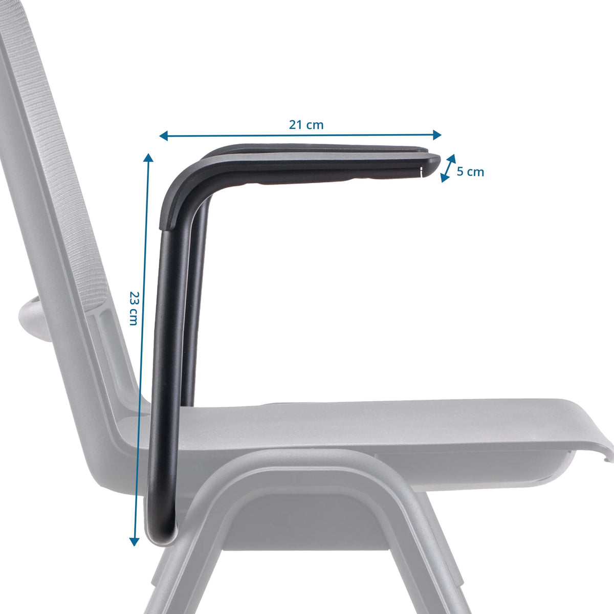 Dimensional drawing of the Armrest MEET WA with a length of 21 cm and a height of 23 cm by hjh OFFICE