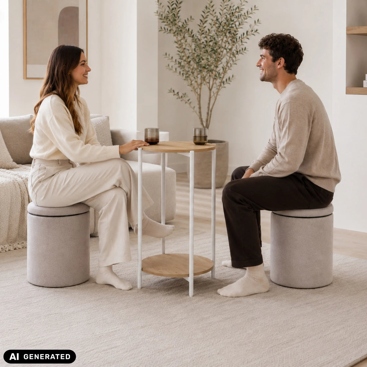 Nestup 1 side table in white and oak with integrated padded stool by hjh LIVING (AI-generated image)