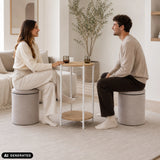 Nestup 1 side table in white and oak with integrated padded stool by hjh LIVING (AI-generated image)