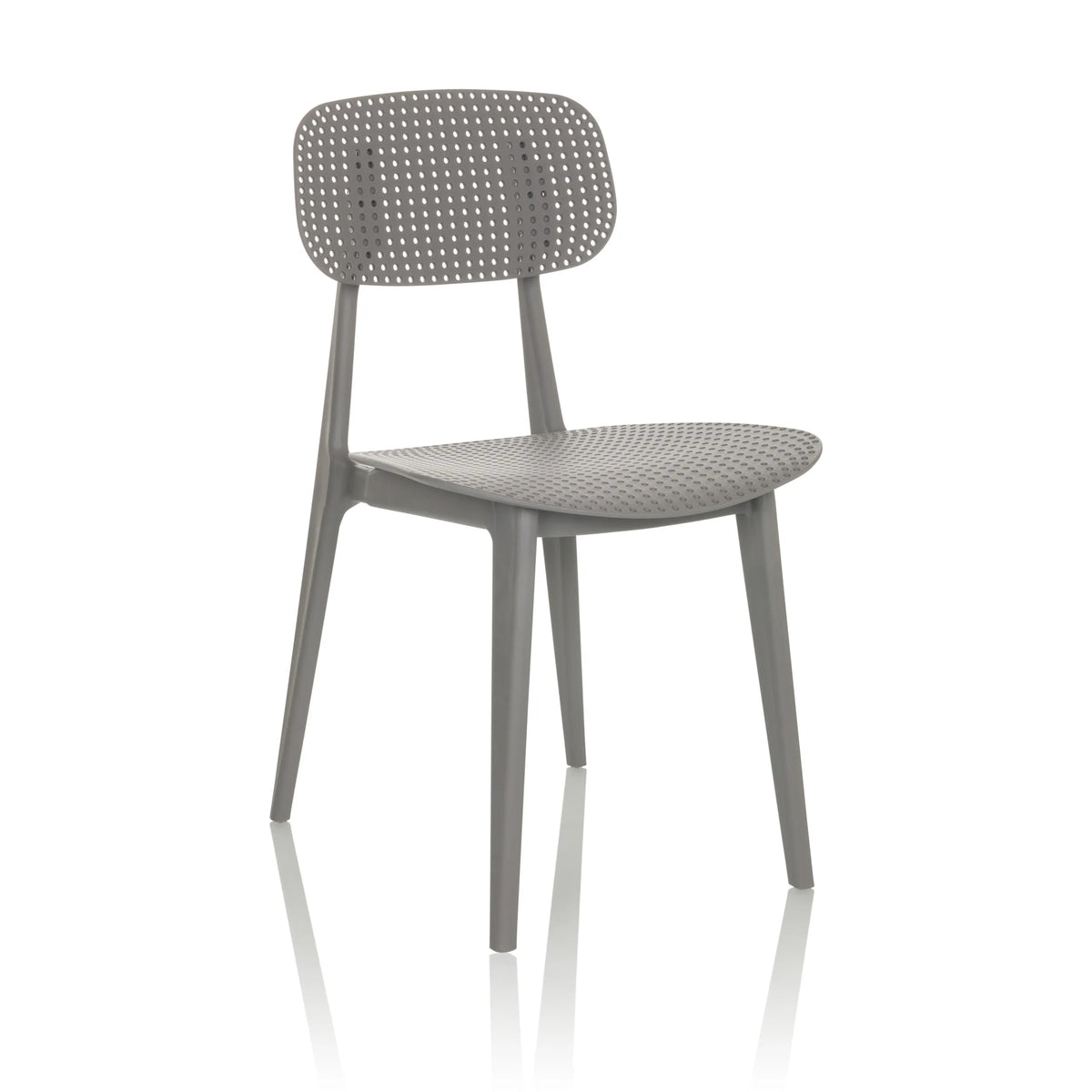 Grey Outdoor chair ARTIFO HOL with perforated backrest and seat by hjh OFFICE – 360-degree view (front three-quarter view 30°)