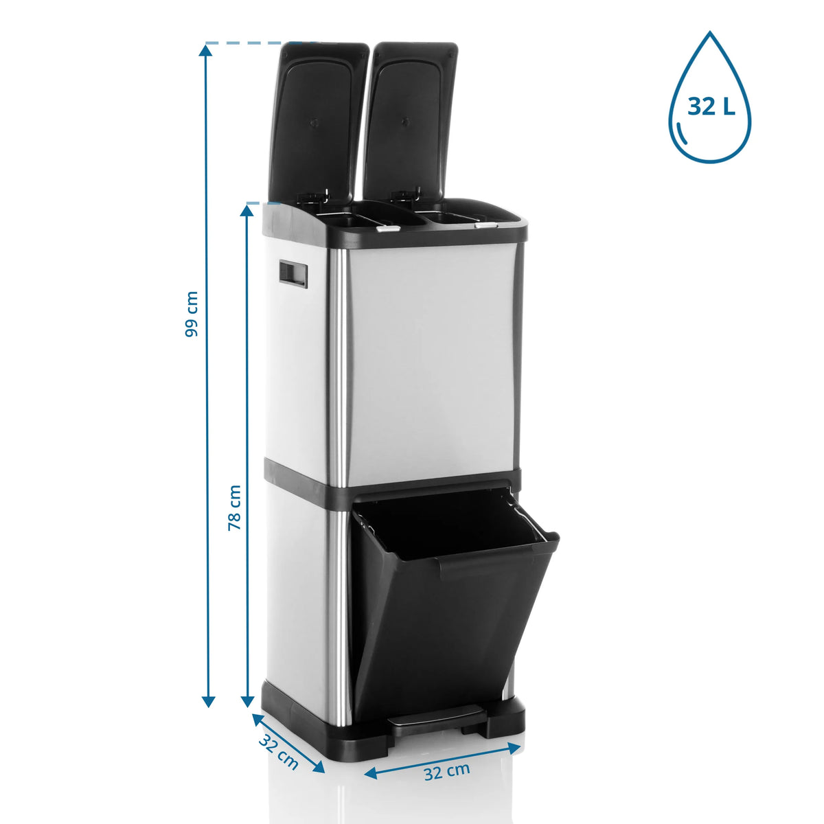 Dimensional drawing of the wastepaper CLEAN VII with a height of 99 cm and 32 L volume by hjh OFFICE