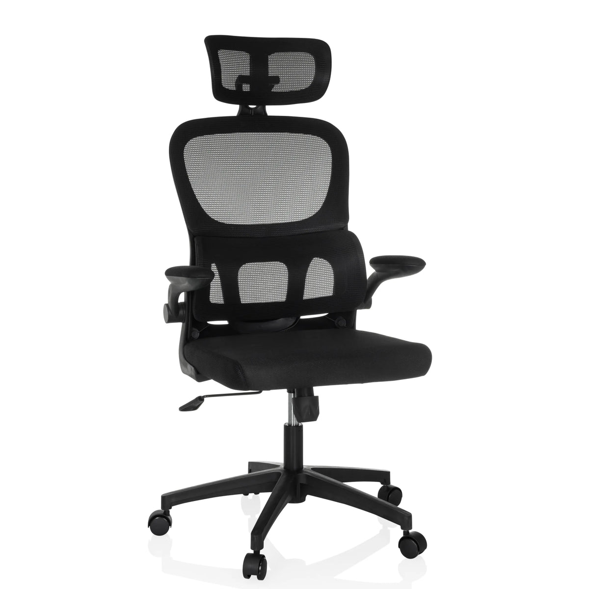Black Home Office Chair ERGOMY FLEX with mesh back, headrest and five-caster base by MyBuero – 360-degree view (front view 15°)