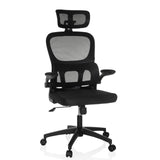 Black Home Office Chair ERGOMY FLEX with mesh back, headrest and five-caster base by MyBuero – 360-degree view (front view 15°)