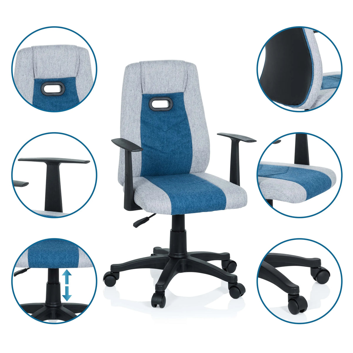 Swivel Chair – Children KIDDY EXTRA in grey-blue with detailed views of the armrest, gas spring and castors by hjh OFFICE