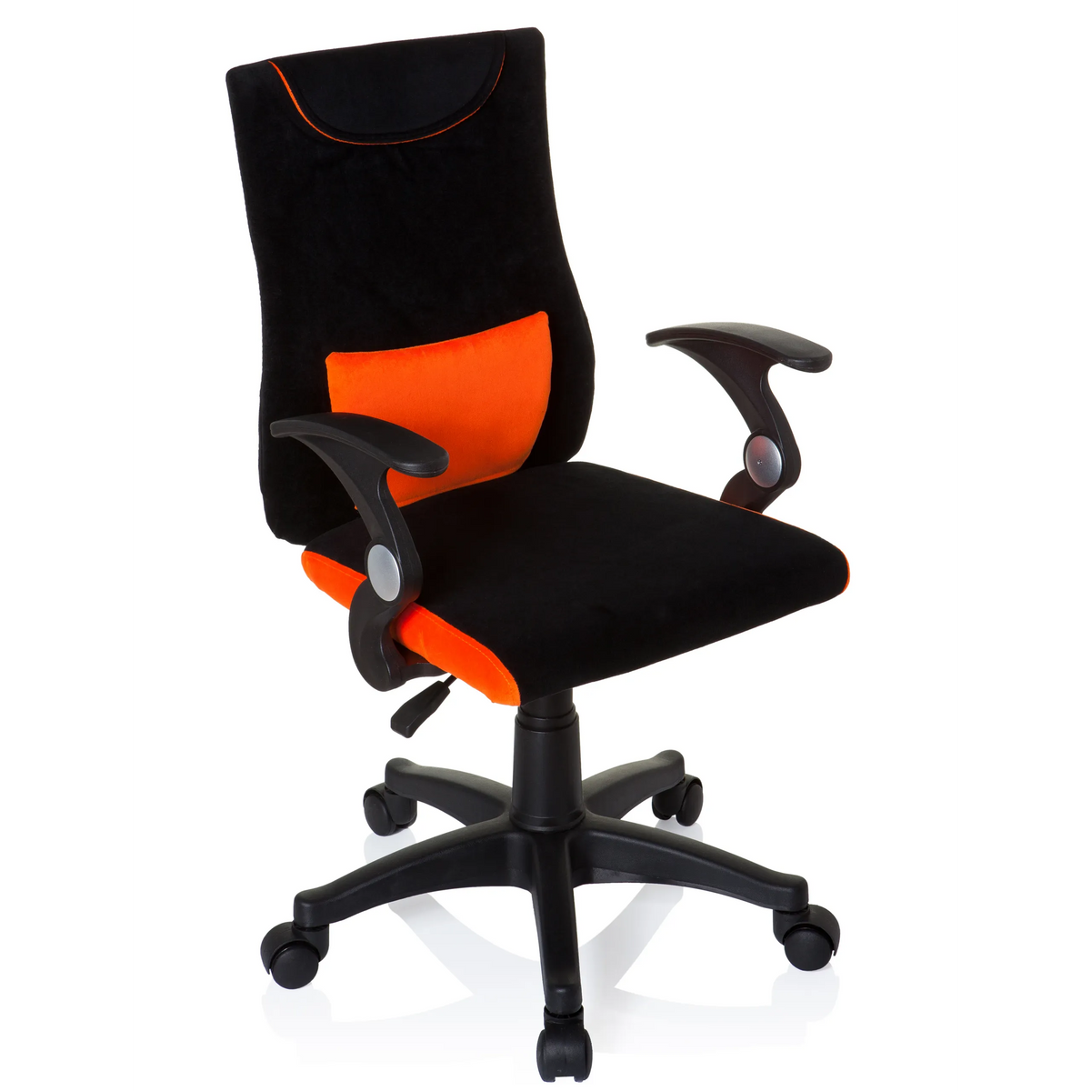 Black and orange Swivel Chair – Children KIDDY PRO AL with lumbar cushion and five-caster base by hjh OFFICE – 360-degree view (front three-quarter view 40°)