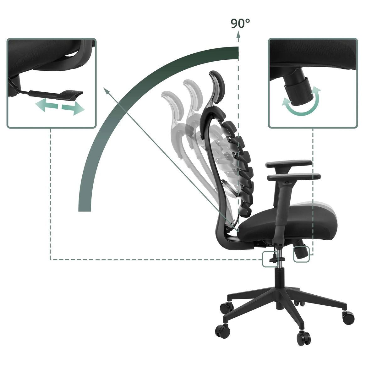 Adjustable backrest and armrests of the ERGO LINE ECO Professional Office Chair with a 90° recline angle by hjh OFFICE