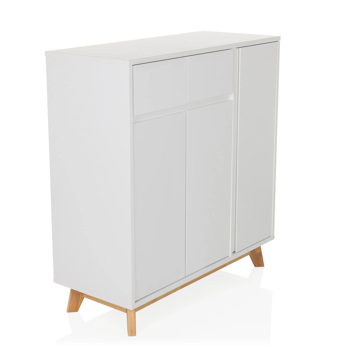 White Chest of drawers ESTHA with two drawers, three doors and light wood legs by hjh LIVING – 360-degree view (front three-quarter view 45°)