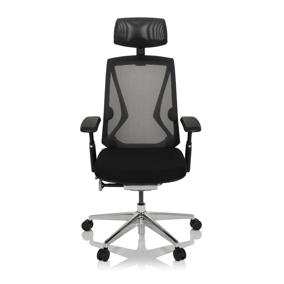 Black High End Office Chair INSPERO with mesh back, headrest and five-caster base by hjh OFFICE – 360-degree view (front view 0°)