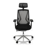 Black High End Office Chair INSPERO with mesh back, headrest and five-caster base by hjh OFFICE – 360-degree view (front view 0°)