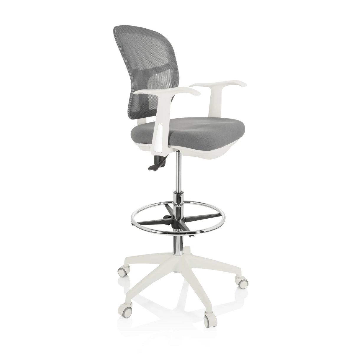 Grey TOP WORK 108 W counter chair with mesh back, footring and white five-caster base by hjh OFFICE – 360-degree view (front three-quarter view 60°)