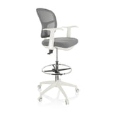 Grey TOP WORK 108 W counter chair with mesh back, footring and white five-caster base by hjh OFFICE – 360-degree view (front three-quarter view 60°)