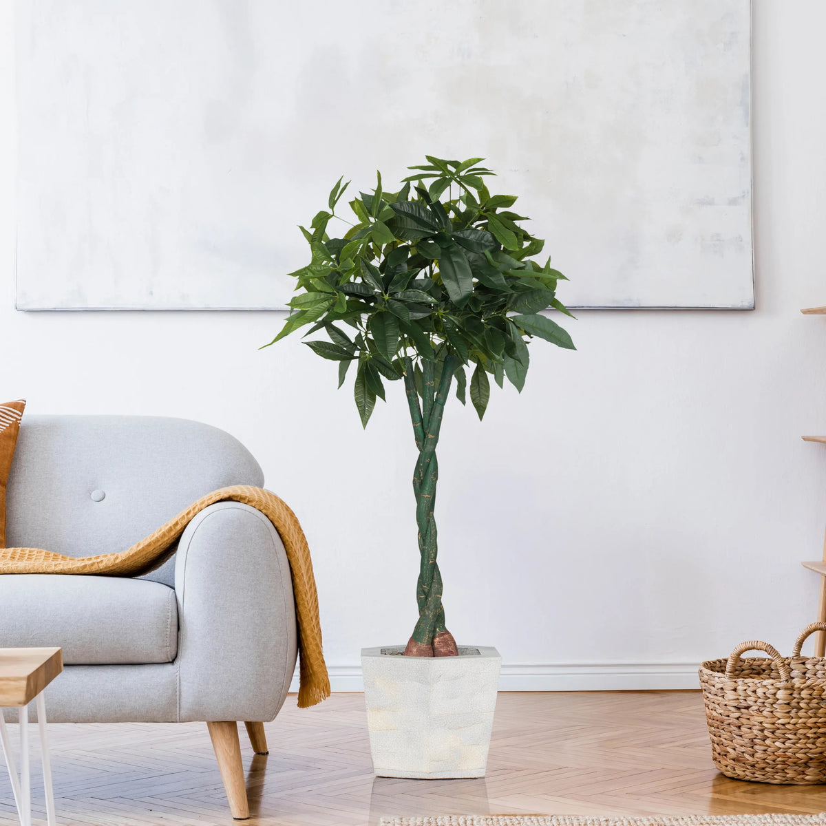 Green artificial plant PACHIRA in a white, square outer pot by hjh OFFICE