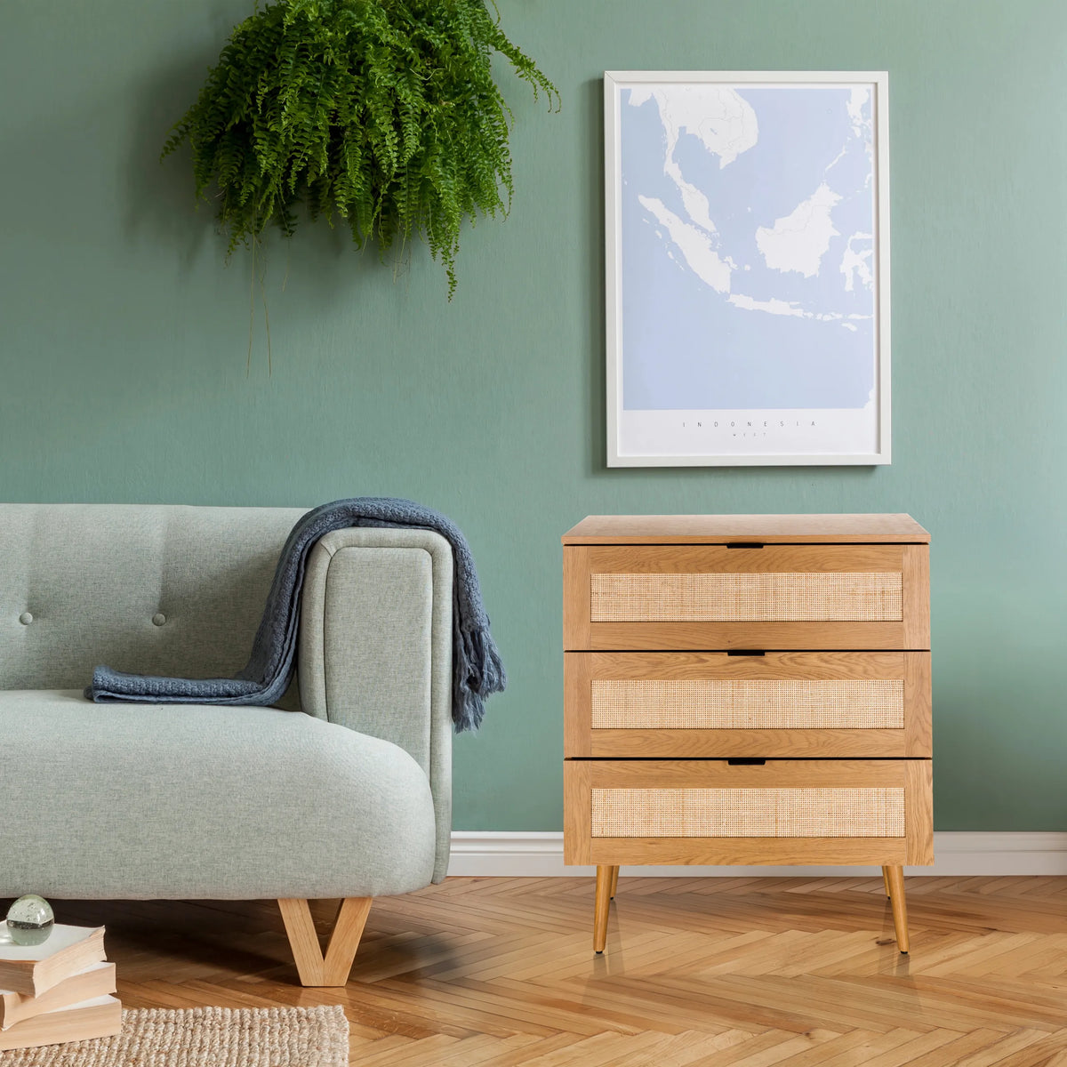 Chest of drawers BOHEO K made of oak with three drawers and Vienna rattan fronts by hjh LIVING