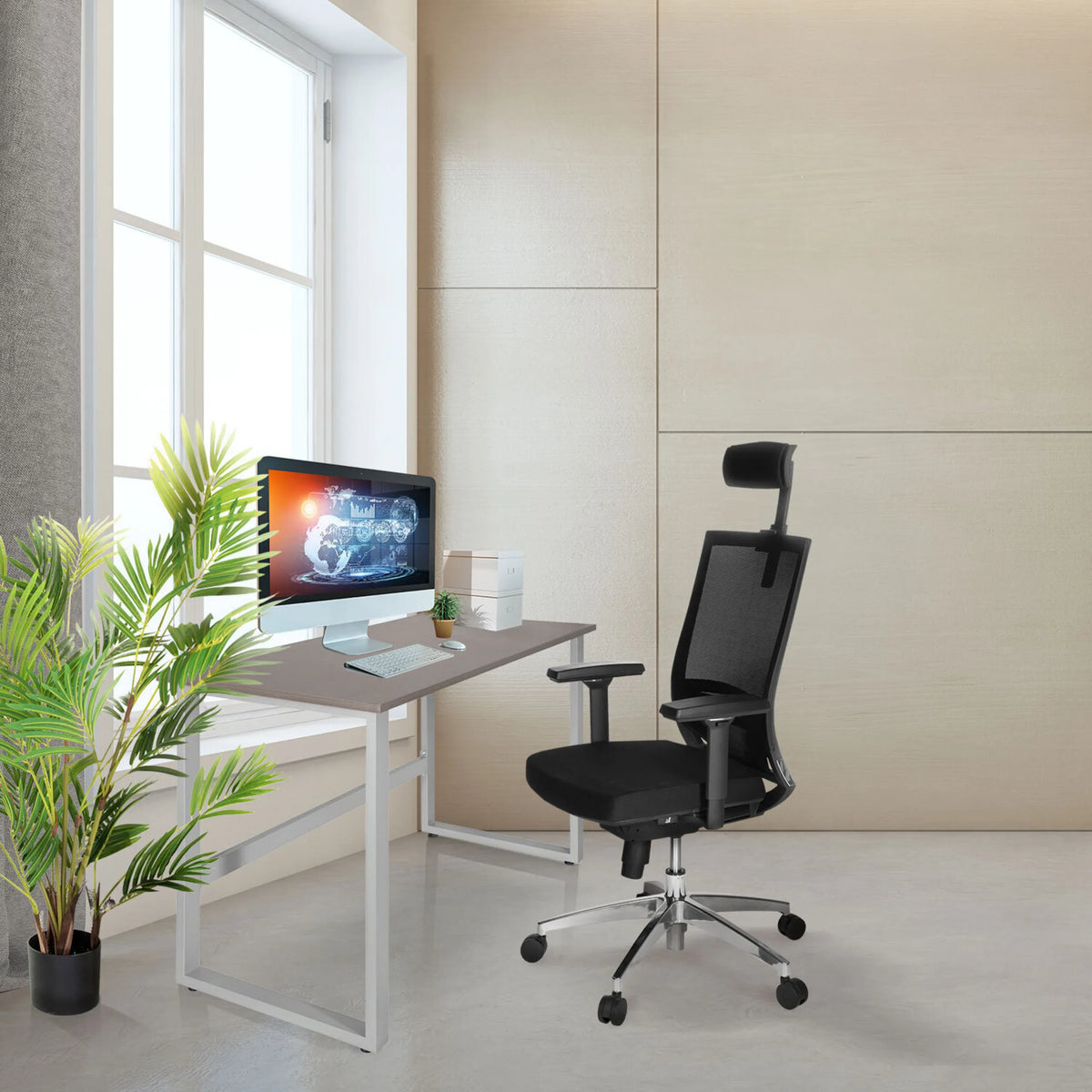 Office Desk WORKSPACE LIGHT I in walnut and white with a white frame by hjh OFFICE