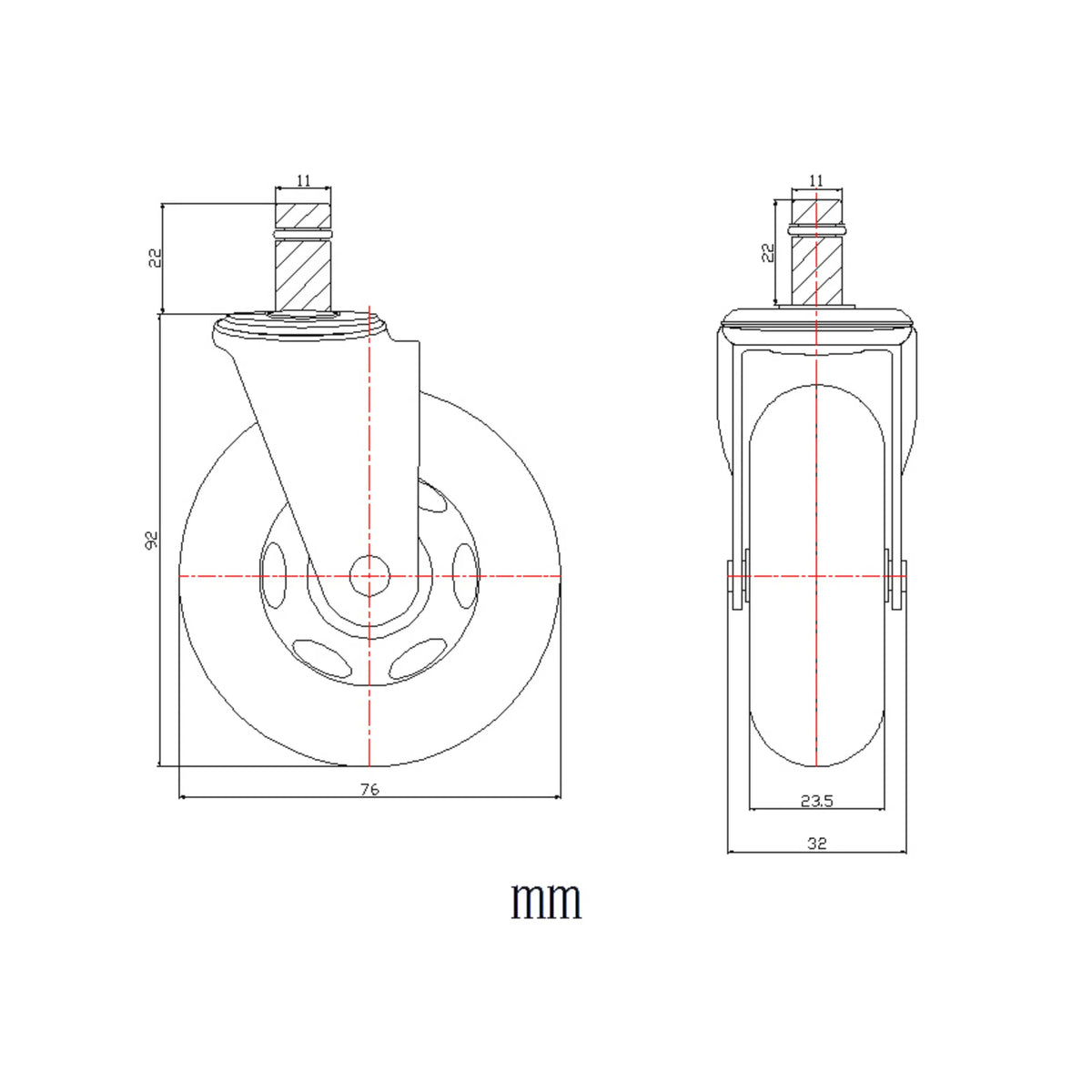 Technical drawing of the 76 mm diameter Castors 5x ROLO SKATE ST 11mm/75mm by hjh OFFICE