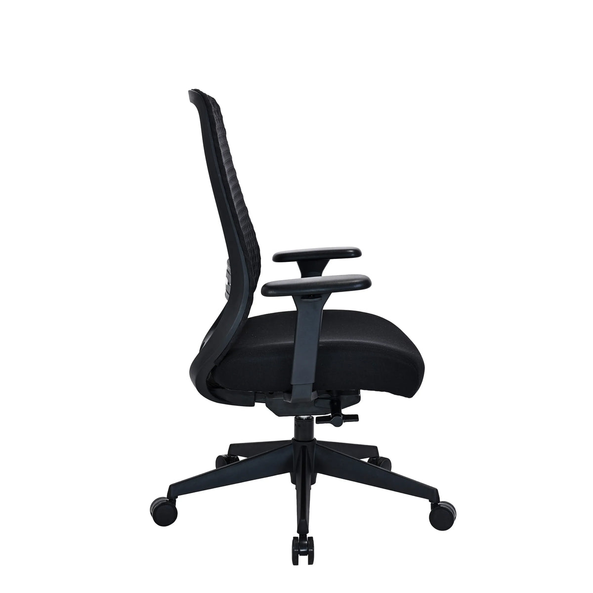 Side view of the Professional Office Chair Verviq in black with mesh backrest and castor base by hjh OFFICE