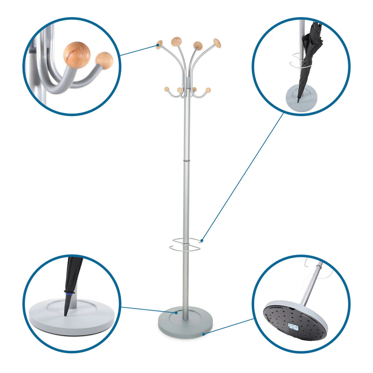 SPACE coat stand in silver with wooden knobs, umbrella holder and non-slip base by hjh OFFICE