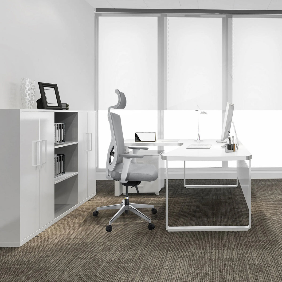 Grey Professional Office Chair BRETON PRO W with headrest and armrests in front of a white desk by hjh OFFICE