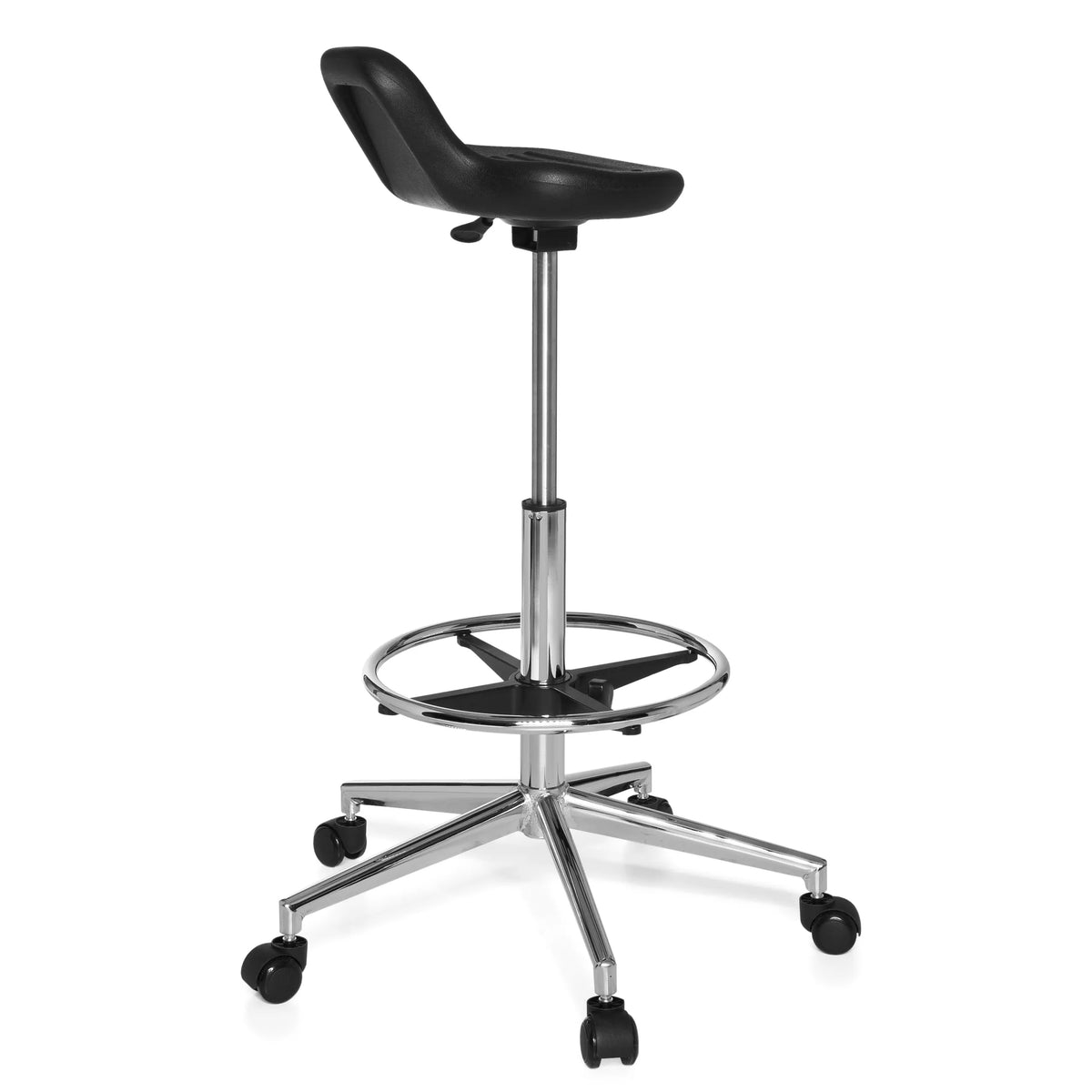 Black Swivel stool TOP WORK 03 with foot ring and five-caster base by hjh OFFICE – 360-degree view (rear three-quarter view 120°)