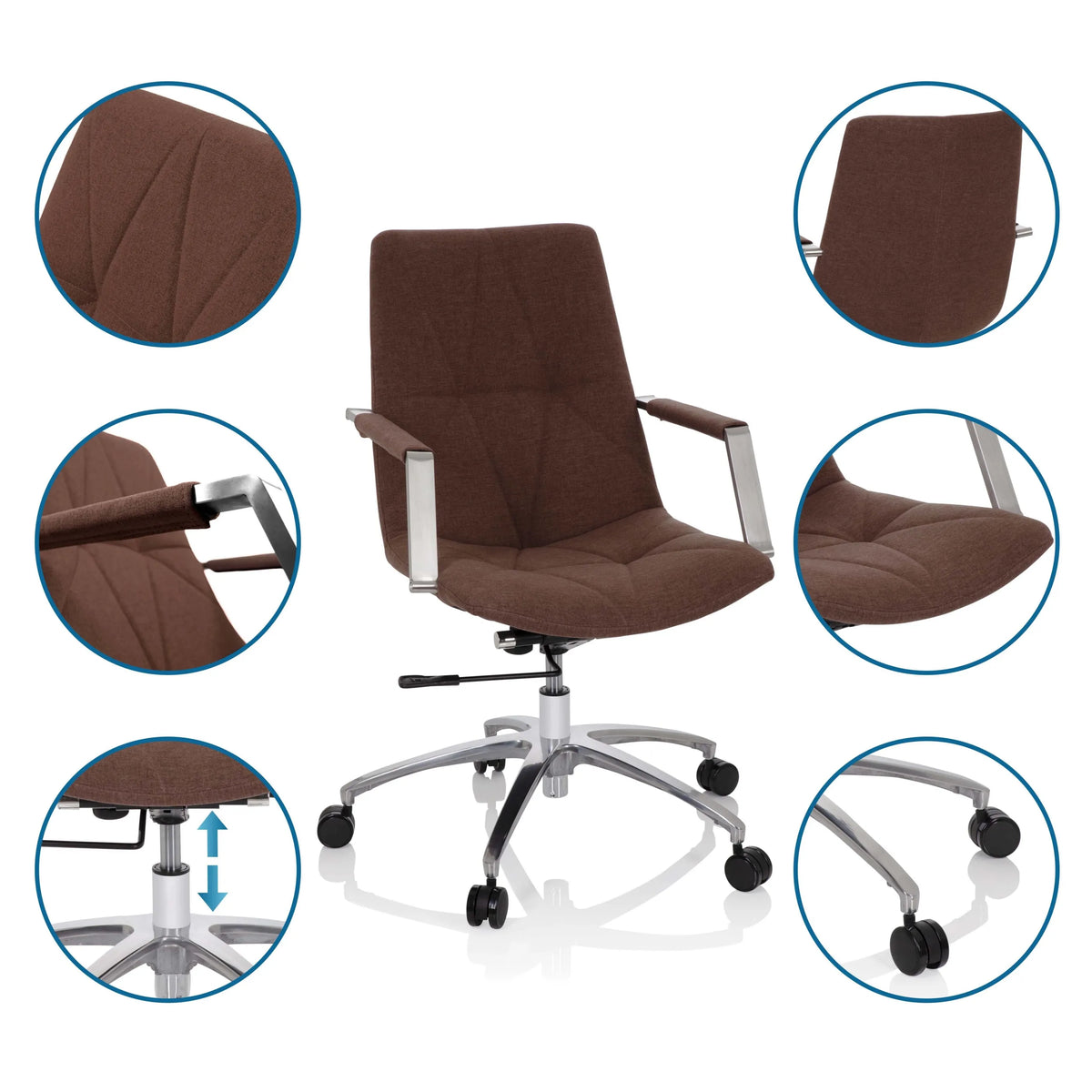 Home-Office-Bürostuhl SARANTO II in Mittelbraun mit Detailansichten von Stoff, Armlehne und Gasfeder von hjh OFFICE