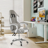 GAMEBREAKER W03 gaming chair in grey and white with armrests and castors in front of a white desk by MyBuero