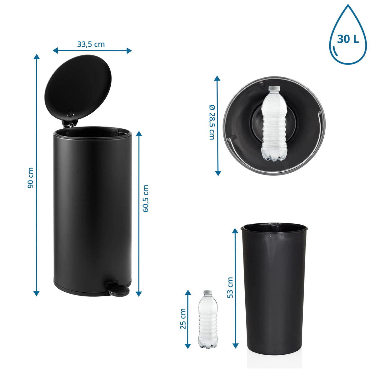 Dimensional drawing of the CLEAN STEP 2 wastepaper with 90 cm height and 30 L volume by hjh OFFICE