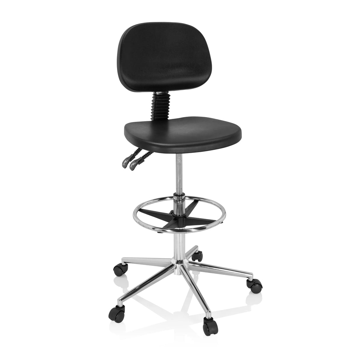 Black Counter chair TOP WORK 24 I with foot ring and five-caster base by hjh OFFICE – 360-degree view (front view 20°)