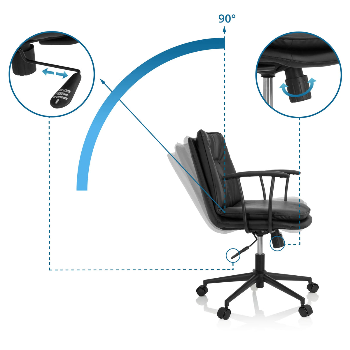 Tilt mechanism with 90-degree backrest adjustment of the SMALLO Home Office Chair by hjh OFFICE