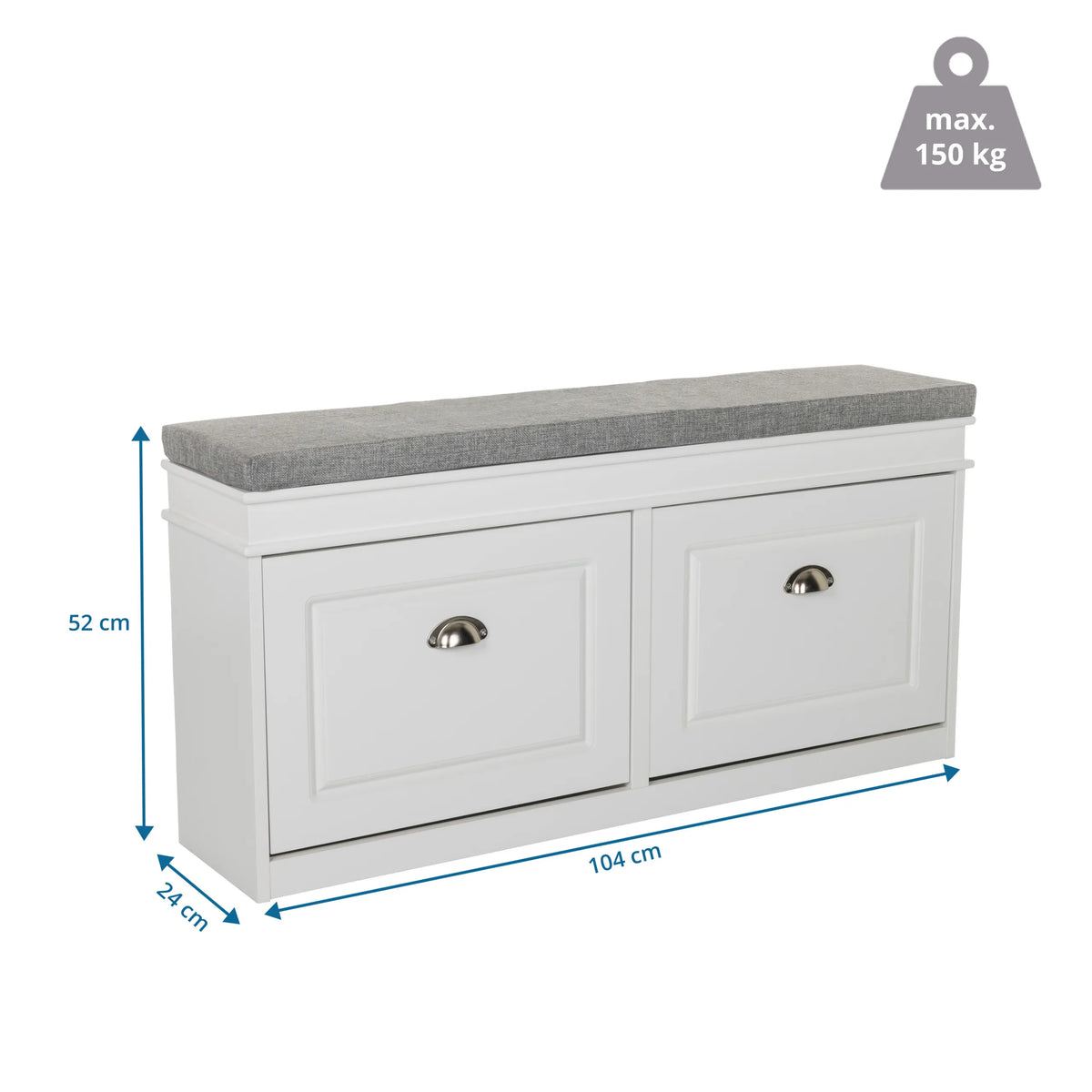 Dimensional drawing of the Shoe Cabinet ESTHA I with 104 × 52 cm and load capacity up to 150 kg by hjh LIVING