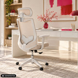 Home Office Chair MIKEO W in beige at a desk in a bright room by hjh OFFICE