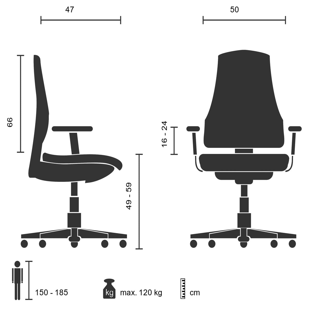 Technical drawing of the Home Office Chair ARTON 30 with a maximum load capacity of 120 kg by hjh OFFICE