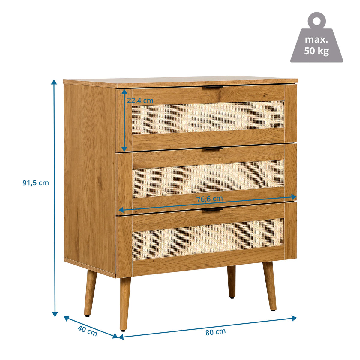 Dimensional drawing of the Chest of drawers BOHEO K, 80 × 40 cm, maximum load 50 kg, by hjh LIVING