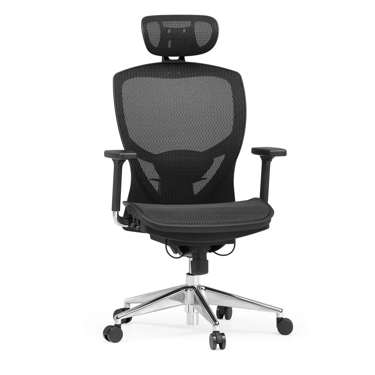 Black High End Office Chair VENUS ONE with mesh back and five-caster base by hjh OFFICE – 360-degree view (front view 15°)