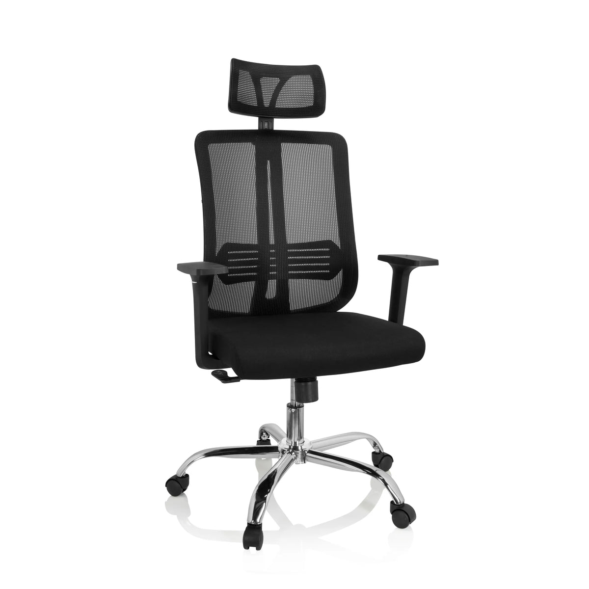 Black Home Office Chair ZH 200 with mesh back and five-caster base by hjh OFFICE – 360-degree view (front view 20°)