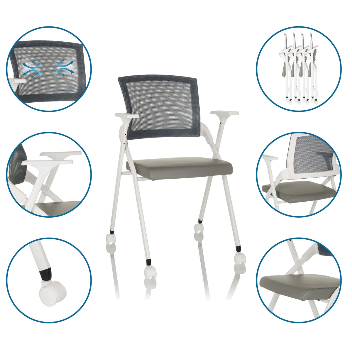 Grey PRIORITY II W PU folding chair with mesh back, armrests and castors including detail views by hjh OFFICE