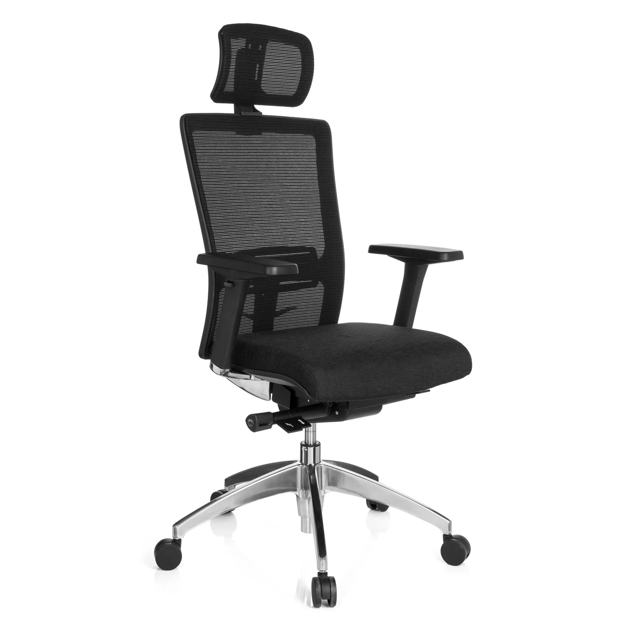 Black Professional Office Chair ASTRA LUX with mesh back, headrest and five-caster base by hjh OFFICE – 360-degree view (front three-quarter view 40°)