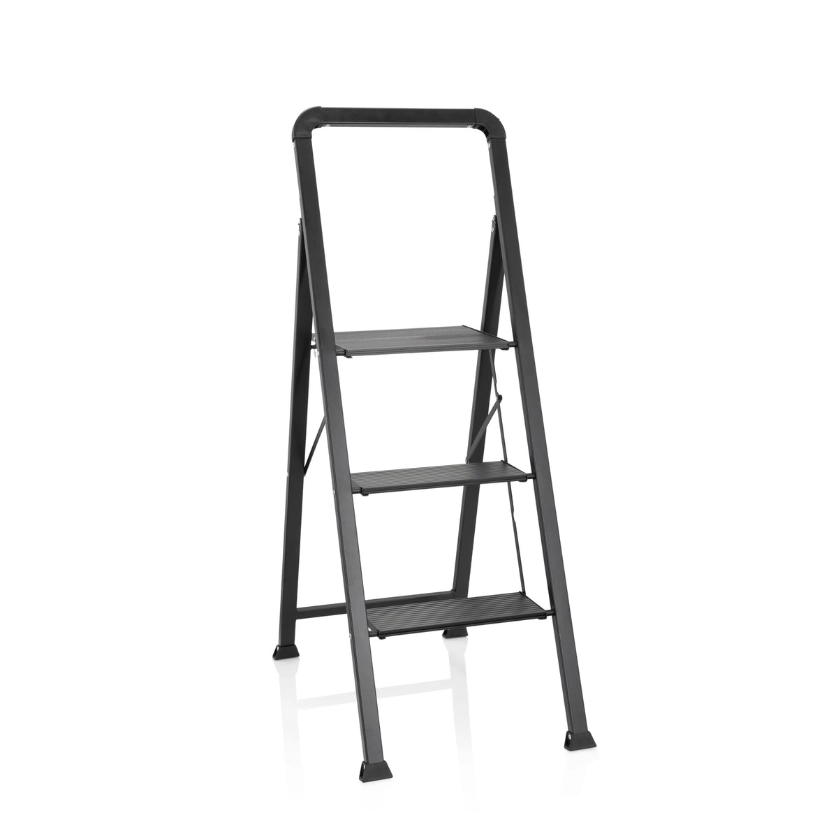 Black Folding Ladder SOLID W6 with three steps and a handle by hjh OFFICE – 360-degree view (front view 20°)