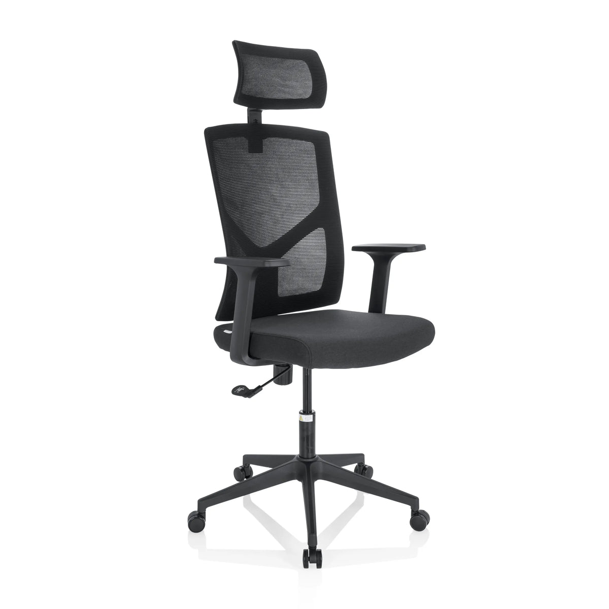 Black Home Office Chair BRETON B with mesh back, headrest and five-caster base by hjh OFFICE – 360-degree view (front three-quarter view 40°)