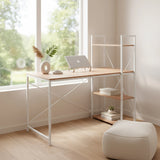 Office Desk Easy Up3 in white and oak with integrated shelf and white metal frame by hjh LIVING