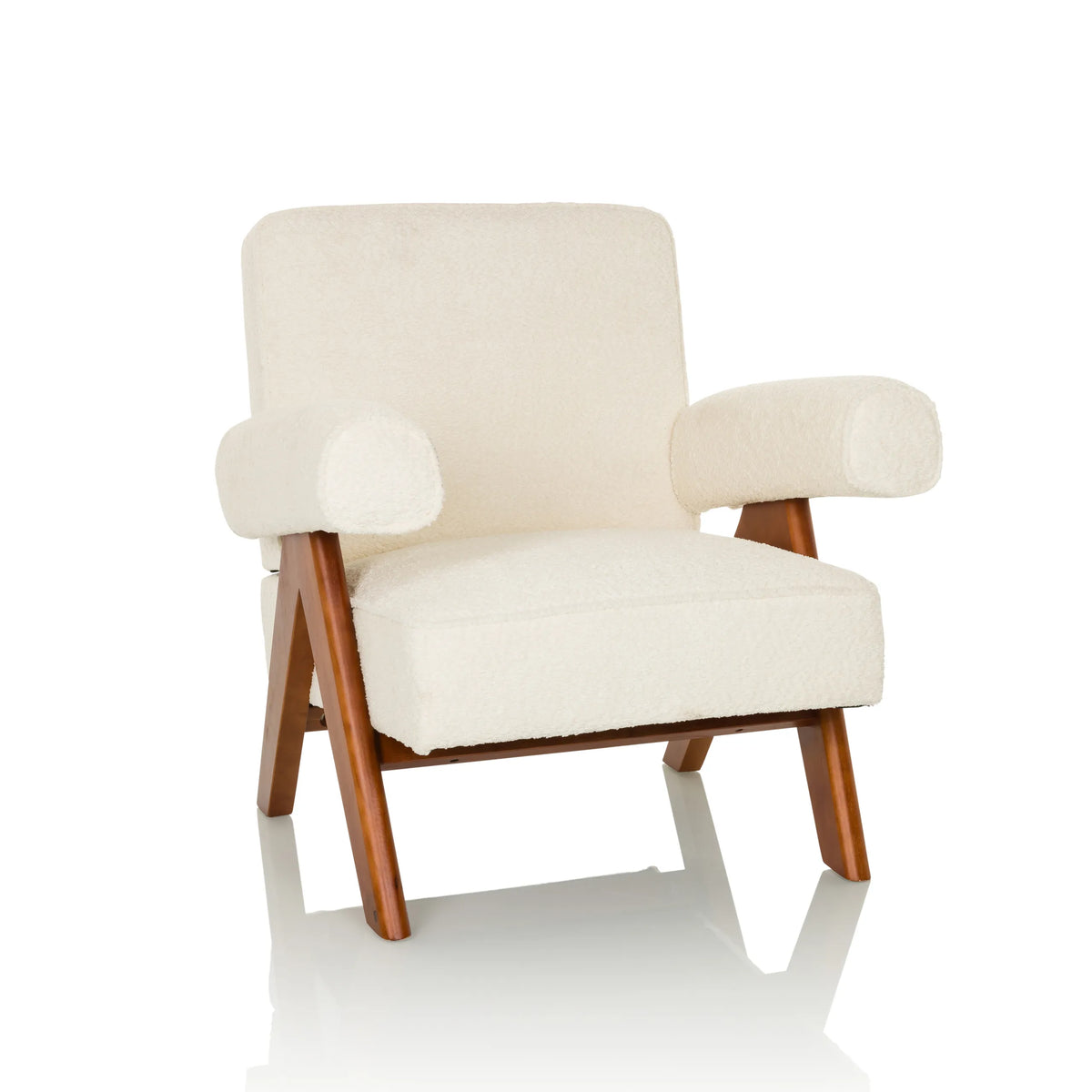 White Lounge Chair POOLY with textured upholstery and dark wooden legs by hjh LIVING – 360-degree view (front view 15°)