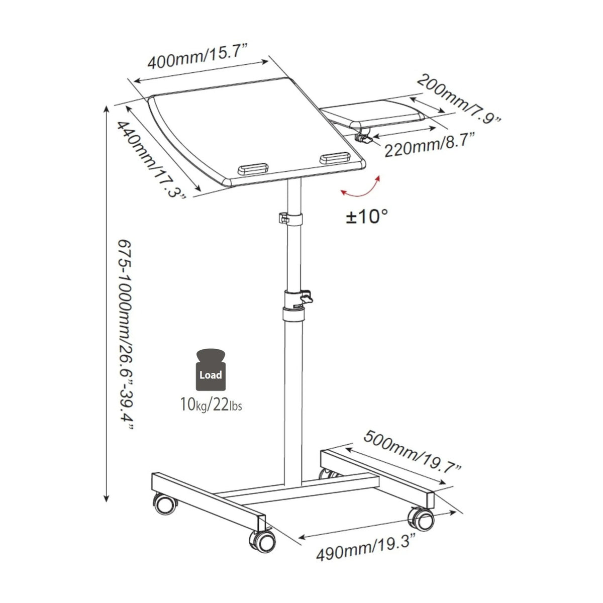 Technical drawing of the Standing desk VM-SL with a height of 675 to 1000 mm by hjh OFFICE