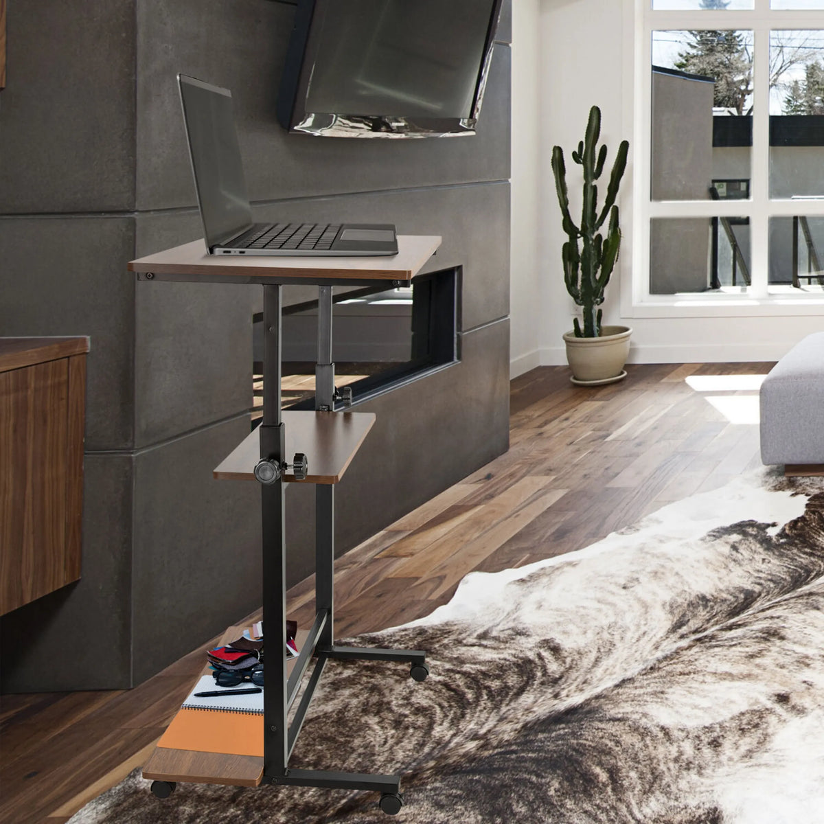 Standing desk WORKSTATION II in black and walnut with two shelves and casters by hjh OFFICE