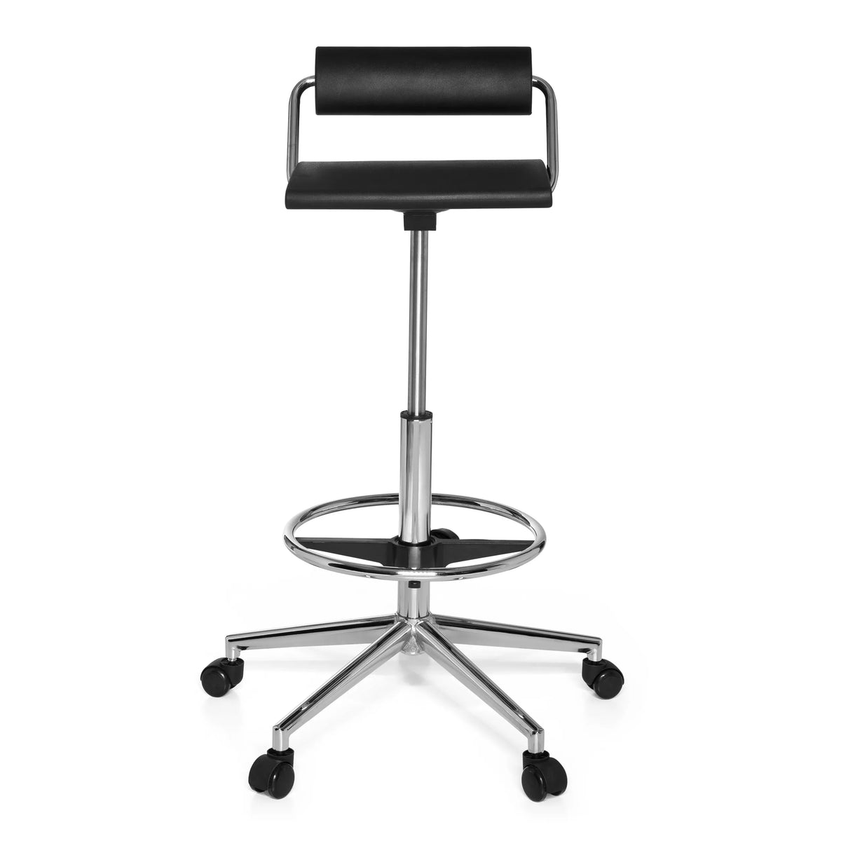 Black Swivel stool TOP WORK 28 with foot ring and five-caster base by hjh OFFICE – 360-degree view (front view 0°)