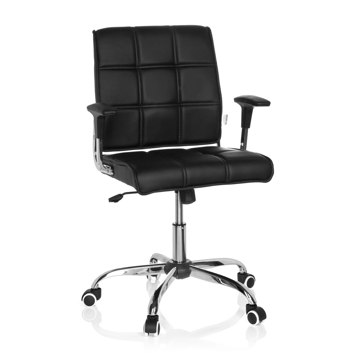 Black Home Office Chair ERNESTO with quilted upholstery and five-caster base by hjh OFFICE – 360-degree view (front view 20°)